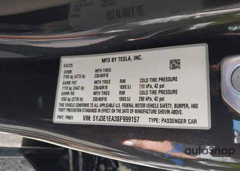 2025 Tesla Model 3 Long Range Rear-Wheel Drive из США, поврежденный, VIN 5YJ3E1EA3SF999157